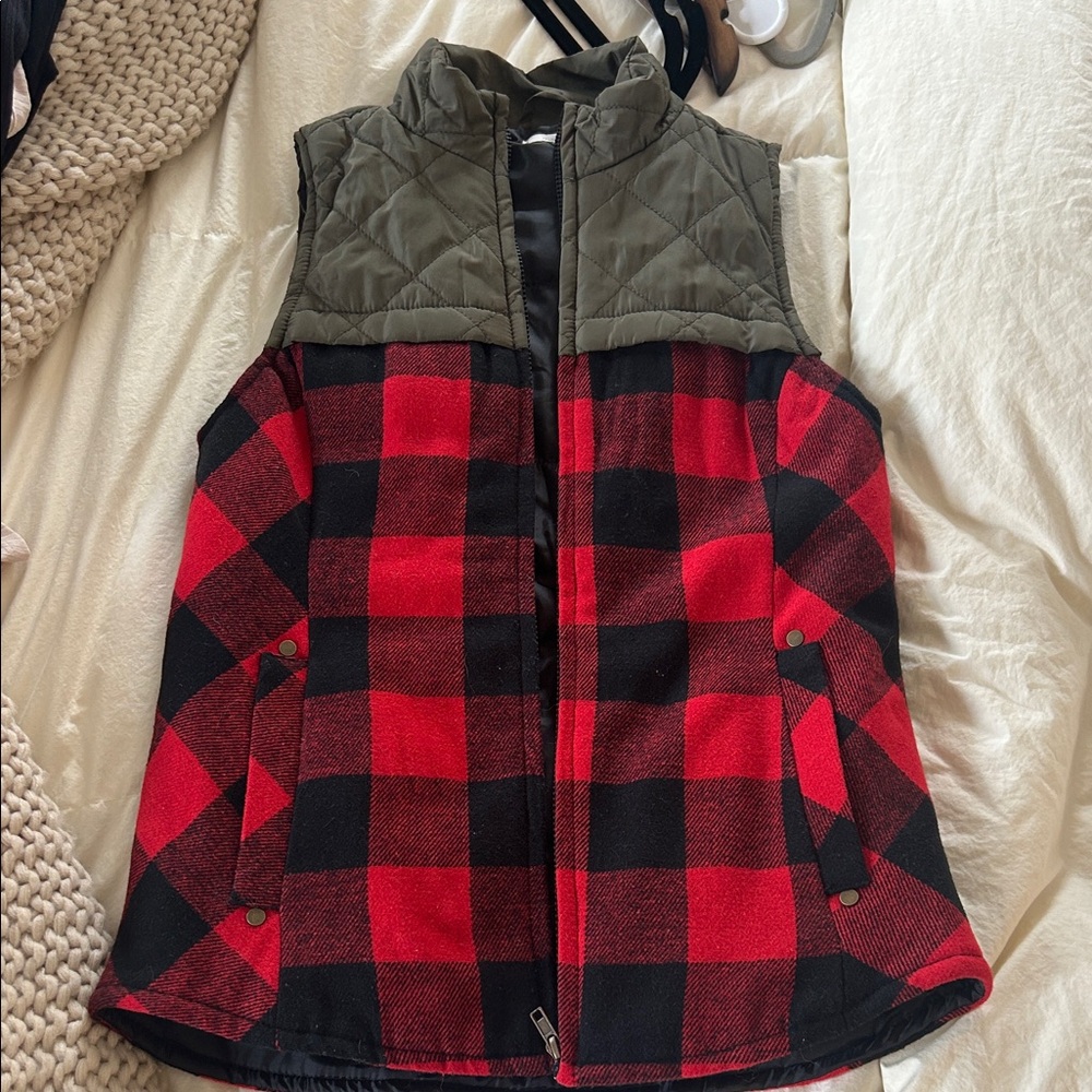 Maurices Red and Black Plaid Vest